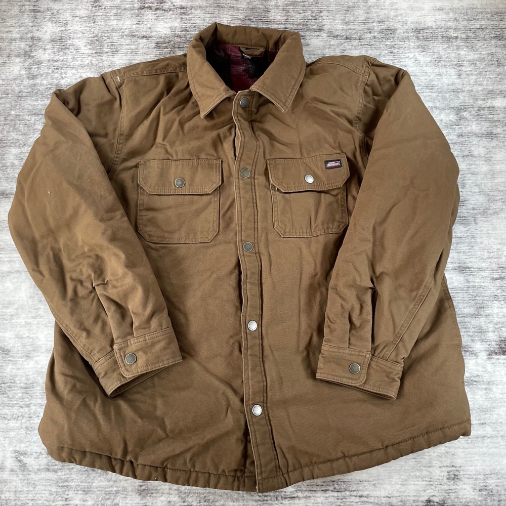 Dickies Mens 2XL Brown Canvas Flannel Lined Quilted Work Jacket Snap Front